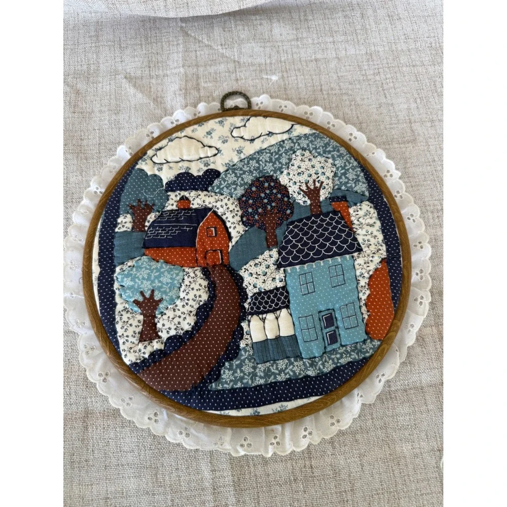 Hand Quilted Wall Art 10in Blue Excellent Folk Art Village Hoop Cottagecore